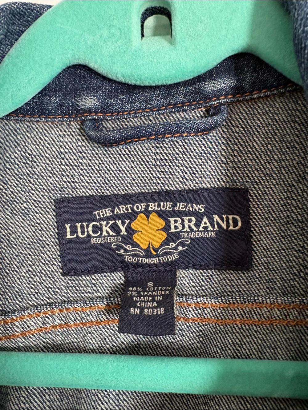 Lucky Brand Indigo Jean Jacket with Gold Clover Logo